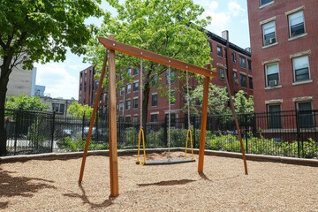 Serene Neighborhood Playground with Wooden Swing Set Surrounded by Lush Greenery and Urban Buildings in Bright Daylight