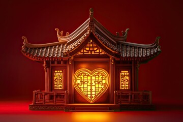 Obraz premium Illuminated Chinese Pavilion Heart Shaped Window