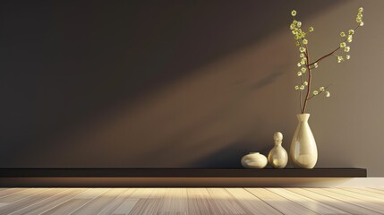 A modern living area with a dark brown wall, light oak floors