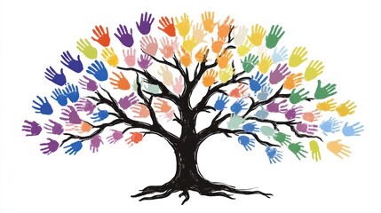 A colorful tree made of handprints, symbolizing community and connection.