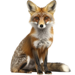Fototapeta premium realistic illustration of fox sitting gracefully against transparency background, showcasing its vibrant fur and expressive features. This captivating animal embodies sense of curiosity and charm
