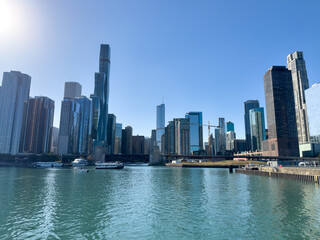 Naklejka premium View from the Chicago River Near Lake Michigan, Looking Back into Chicago
