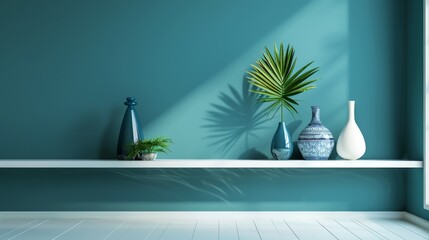 A modern living room with a dark teal wall, light beech floors