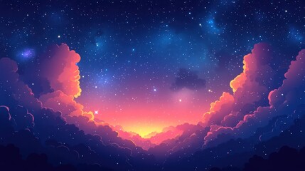 Fototapeta premium Vibrant sunset over fluffy clouds against a starry night sky.