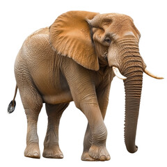 Fototapeta premium Elephant walking on transparency background, showcasing its large ears and trunk. This majestic animal represents strength and grace in nature