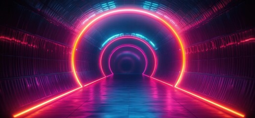 Obraz premium Futuristic Neon Tunnel Cyberpunk Corridor Smoke Glowing Lights Laser Beams Vibrant Dark Space