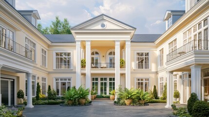 Fototapeta premium A stunning home with creamy walls, expansive windows, and detailed white columns at each entrance