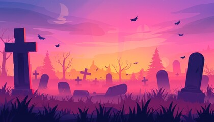 Naklejka premium A spooky, colorful, and stylized graveyard with cross headstones and tall trees, at dusk, with bats flying overhead.