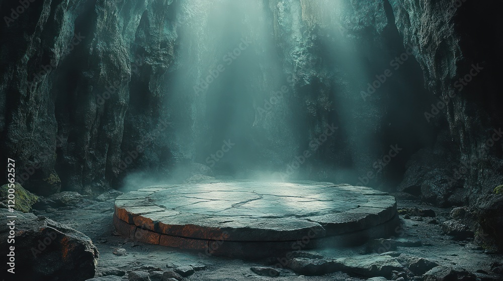 Poster geometric stone platform in dark cave with ethereal lighting for showcase presentation
