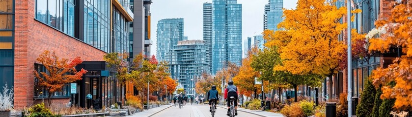 Obraz premium Cyclists Enjoying a Vibrant Autumn Day in the City with Colorful Leaves and Sunshine