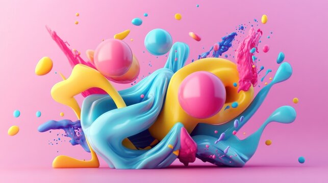 Abstract Colorful Paint Explosion: A vibrant 3D render of dynamic fluid forms and glossy spheres, creating a playful and energetic visual spectacle.