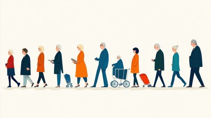 A diverse group of people walking in a line, showcasing various ages and styles.