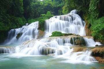 Fototapeta premium Serene Waterfall Cascade Flowing Through Lush Green Vegetation in Tranquil Natural Landscape Setting with Clear Blue Waters and Vibrant Flora Surrounding the Scene