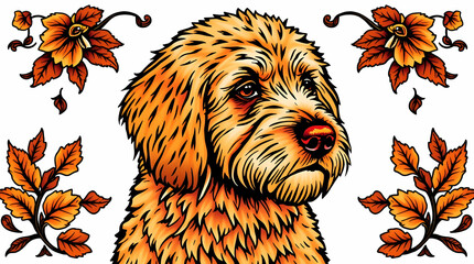Lion and dog illustration in an autumn-themed cartoon style featuring cute animal characters