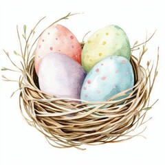 a delicate watercolor painting of a wicker basket filled with pastel-colored Easter eggs, surrounded by soft grass, symbolizing springtime joy.
