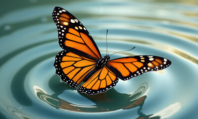 Fototapeta premium Monarch butterfly gently landing on water creating ripples with a serene reflection