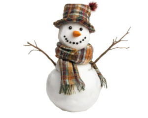 cheerful snowman wearing colorful scarf and hat, with carrot nose and twig arms, brings festive winter spirit