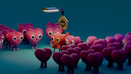 Crowd of Cartoon Hearts at a Bus Stop at Night