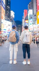Fototapeta premium Two young Asian males standing back-to-back in a vibrant city street at dusk.