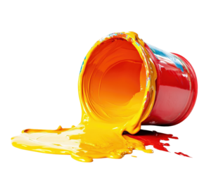 spilled paint bucket with vibrant yellow paint flowing out, creating colorful mess. bright colors evoke creativity and artistic expression