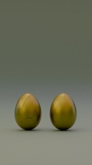 Two golden eggs placed on a smooth surface with one intact and one cracked were they are symbolizing duality with their contrast but also the balance between strength and vulnerability