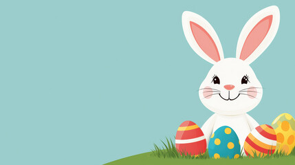 Fototapeta premium A cheerful white bunny sits in grass surrounded by colorful Easter eggs against a soft blue background, celebrating the joy of Easter.