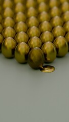 Cracked golden egg in focus with rows of eggs blurred in the background representing that even cracked it is still gold