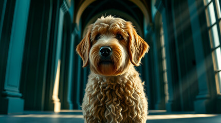 The adorable white poodle puppy sits fluffy and cute in an isolated portrait