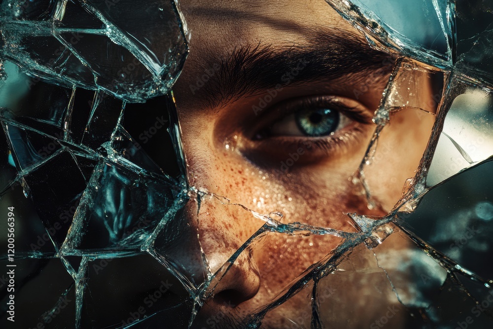Poster fragmented reflections reveal a piercing gaze through shattered glass in a nuanced exploration of id