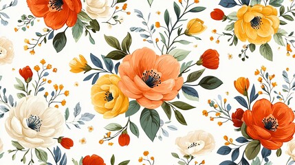 Elegant Floral Pattern Design Orange Yellow White Blooms