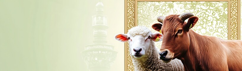 Closeup of Sheep and Bull Together, Symbolic of Islamic Holidays
