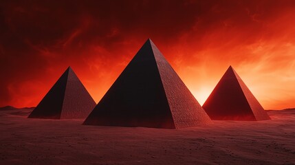 Three majestic pyramids rise against a dramatic red sky, creating an awe-inspiring scene that evokes mystery and ancient grandeur.
