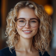 Obraz premium beautiful young woman, a European business professional with curly blonde hair and glasses, radiating confidence and style with her charming smile.