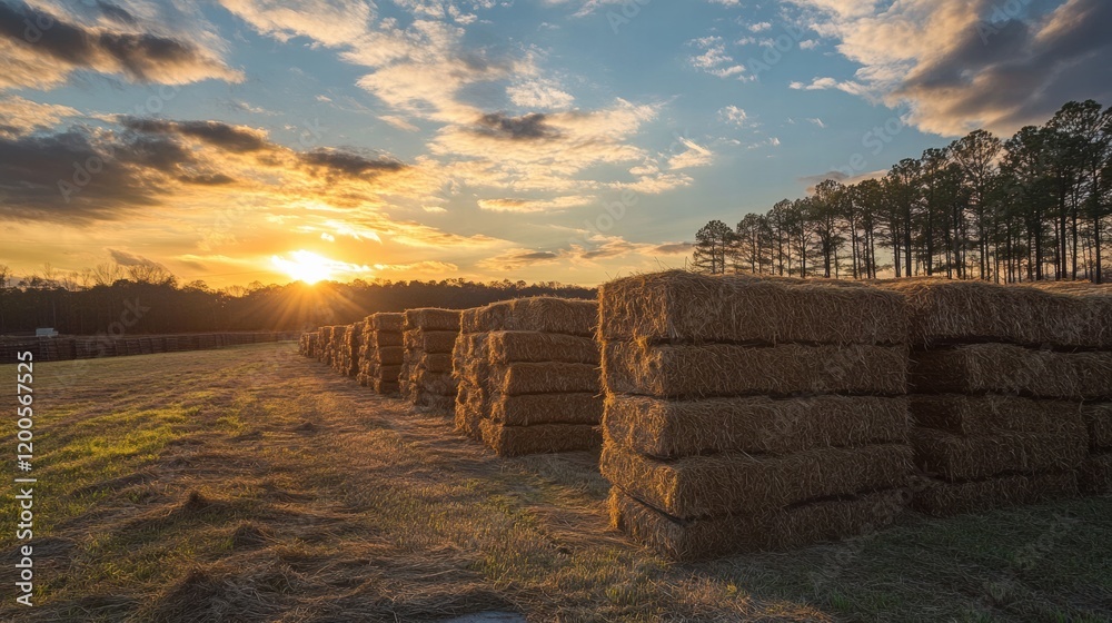 Poster sunlight illuminates hay bales stacked in a field at sunset near a forested area in rural landscape.