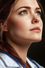Close-up portrait of a thoughtful female doctor gazing upward.