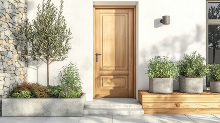 A stylish home with a polished oak front door, white walls, and cedar wood accents