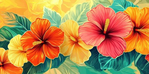 Vibrant Hibiscus Flowers with Lush Tropical Leaves