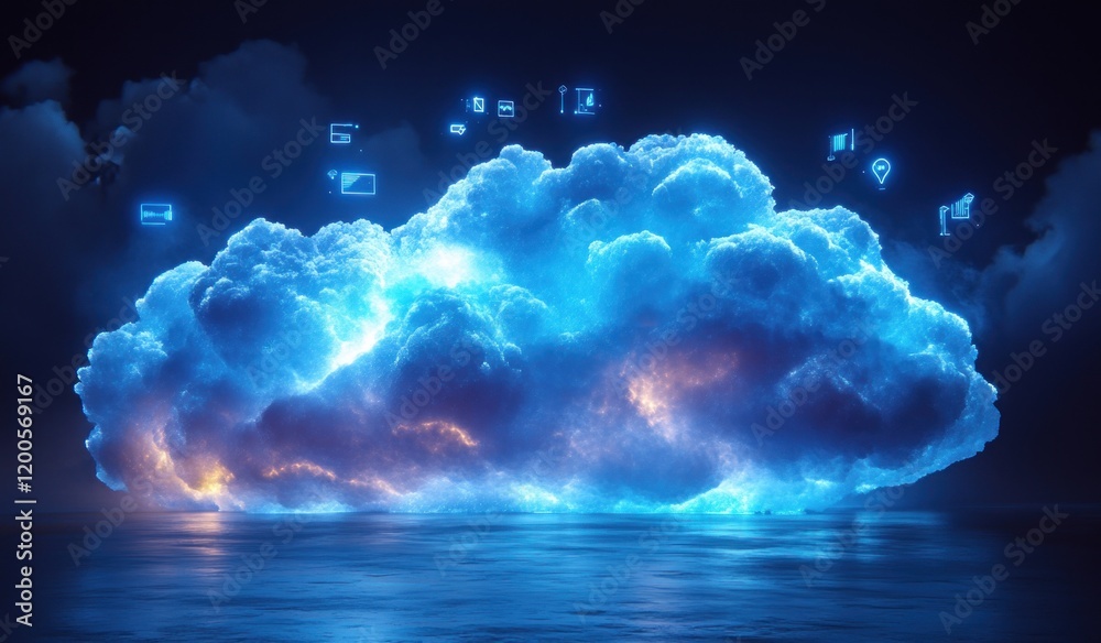 Poster Futuristic Cloud Computing Digital Icon for Data Storage and Transmission Networking Technology