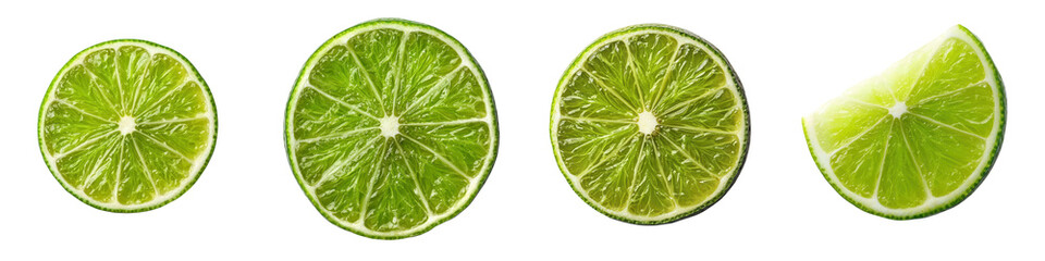 Closeup shot of fresh juicy green lime or lemon slices on a plain white background  These acidic citrus fruits are packed with vitamin C and other essential nutrients making them a healthy
