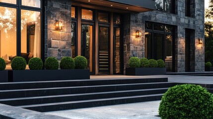 Obraz premium A stylish home with obsidian stone walls, dark walnut wood accents, and black-trimmed wooden doorways