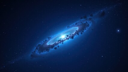 Fototapeta premium A captivating worm's-eye view captures a mesmerizing spiral galaxy at its heart, bathed in ethereal blue light. It rests amidst a vast, dark blue sky peppered with twinkling white stars, creating a ce