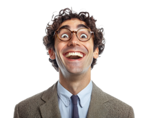 Happy businessman with curly hair and glasses, smiling broadly, isolated on transparency background, exuding joy and positivity
