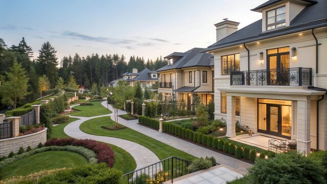 Upscale Townhouse in a Gated Community With Beautifully Landscaped Gardens at Twilight. Generative AI