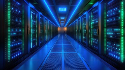 Futuristic Data Center Chief Technology Officer with Laptop in Cyberpunk Environment