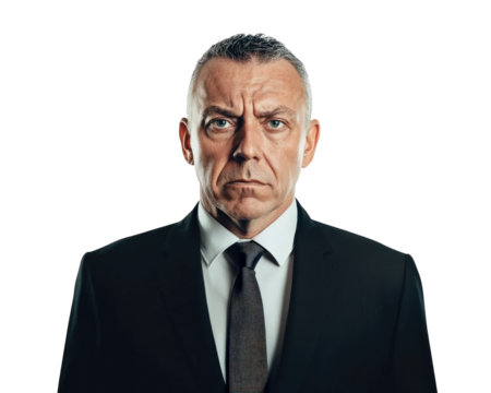 Serious businessman in suit with stern expression, isolated on transparency background