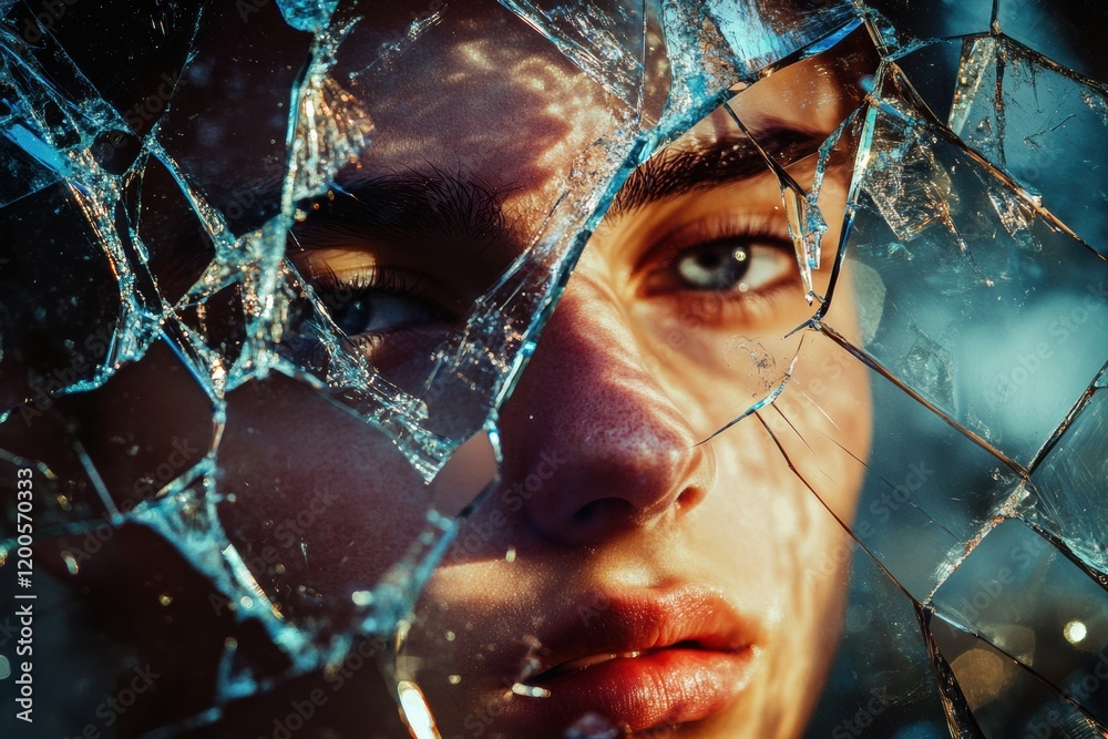 Poster shattered glass reflects fragmented parts of a persons face in a striking display of emotion and ide