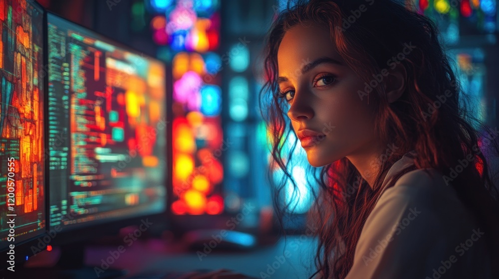 Aufkleber Female Programmer Working on Software Development in Modern Office with Dual Monitors and Stained Glass Windows