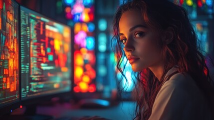 Female Programmer Working on Software Development in Modern Office with Dual Monitors and Stained Glass Windows