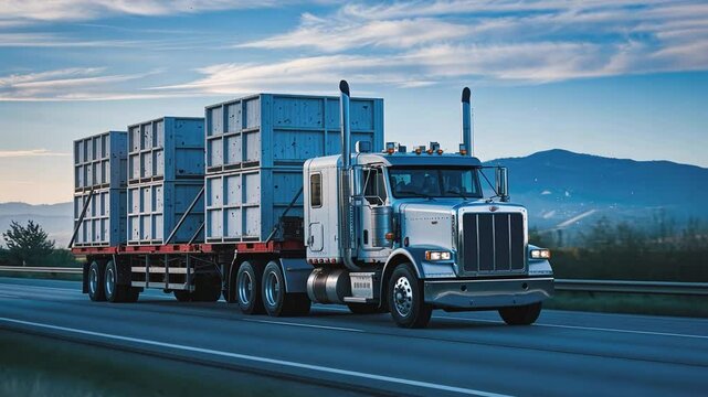 Semi-Truck Hauling Cargo:  A white semi-truck with a flatbed trailer hauling multiple shipping containers speeds down a highway, showcasing the strength and reliability of modern transportation.