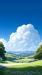 Obraz premium Serene countryside landscape with lush greenery and fluffy clouds overhead.